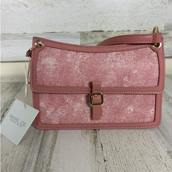 Rachel Zoe Pink White Washed Twill Flap Shoulder Bag Faux Leather NWT - Picture 2 of 6